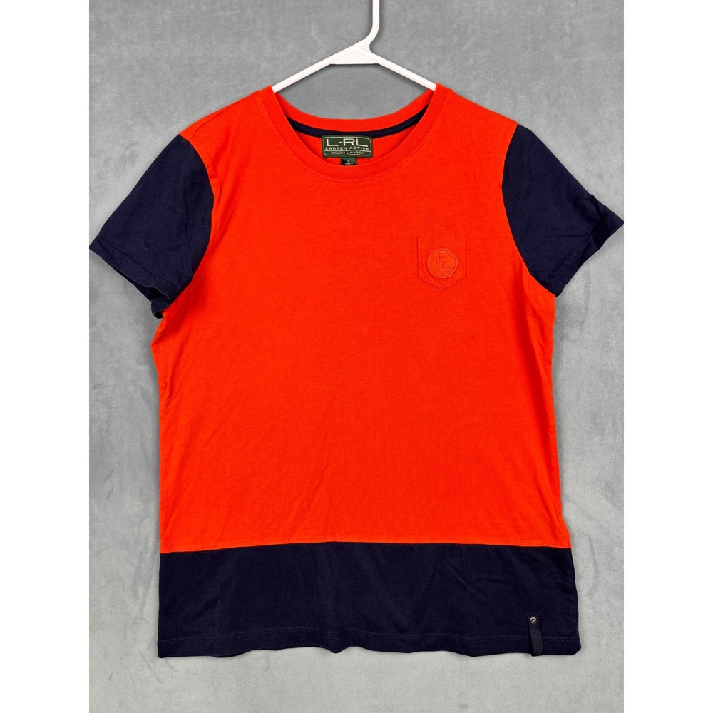 Lauren Active Ralph Lauren Colorblock T-Shirt Orange Navy Blue Cotton Large